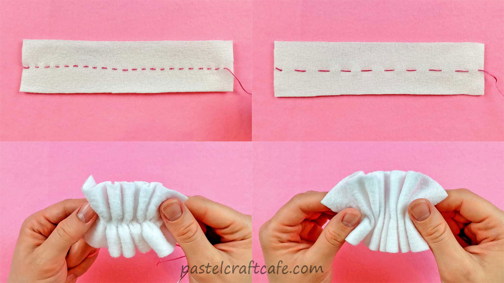 A side by side comparison of different stitch lengths of the running stitch when used to pull a rectangle into a ruffle