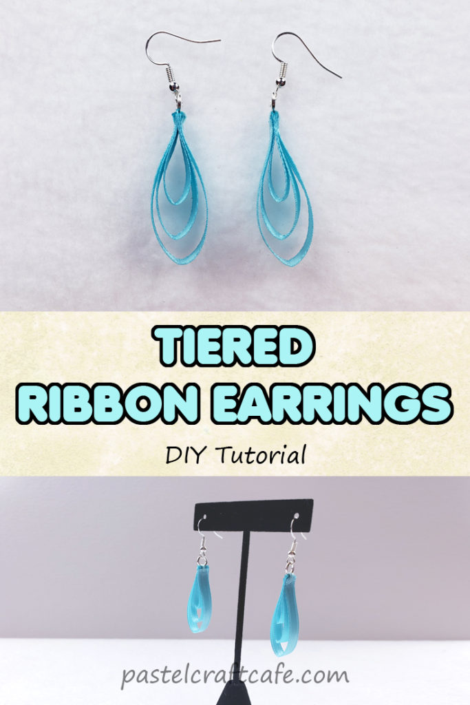 A pair of tiered blue ribbon loop earrings above the text "Tiered Ribbon Earrings DIY Tutorial" and the ribbon earrings hanging on a display