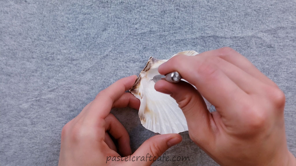 Using a hand drill to make a hole in a seashell