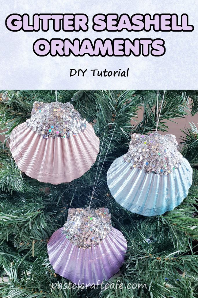 The text "Glitter Seashell Ornaments DIY Tutorial" above three glitter seashell ornaments hanging on a Christmas tree