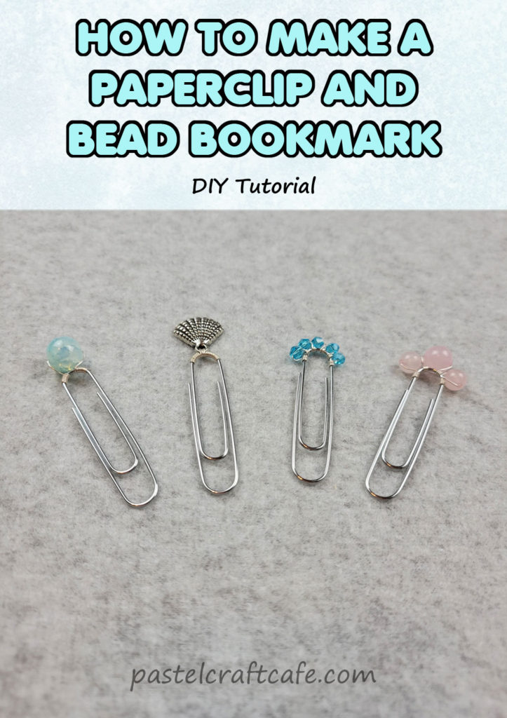 The text "How to make a paperclip and bead bookmark DIY Tutorial" above four paperclips with various beads and charms attached to the top