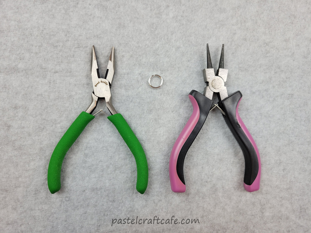 Chain nose pliers, a jump ring, and round nose pliers
