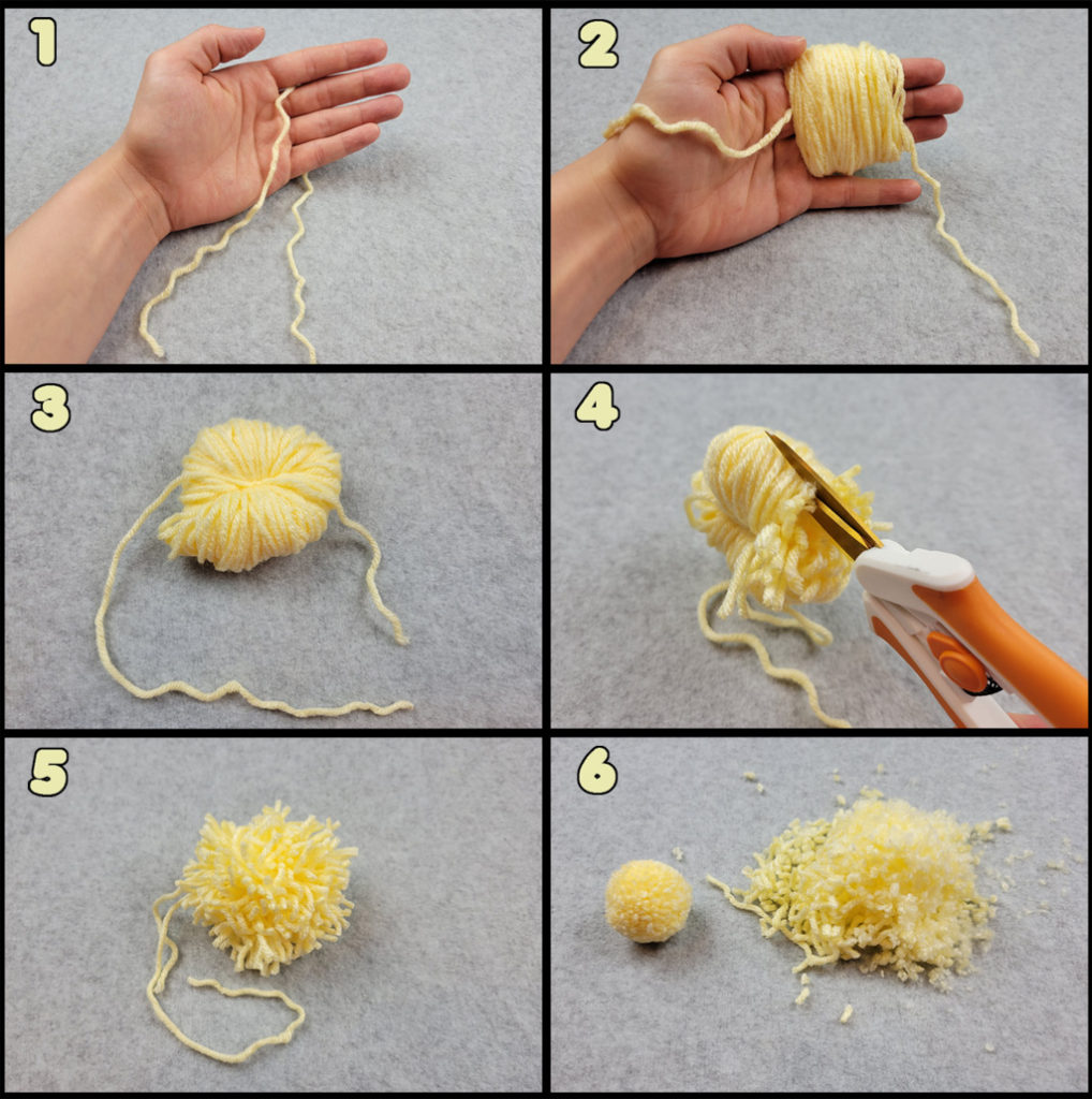 Various images of how to make a pom pom using fingers
