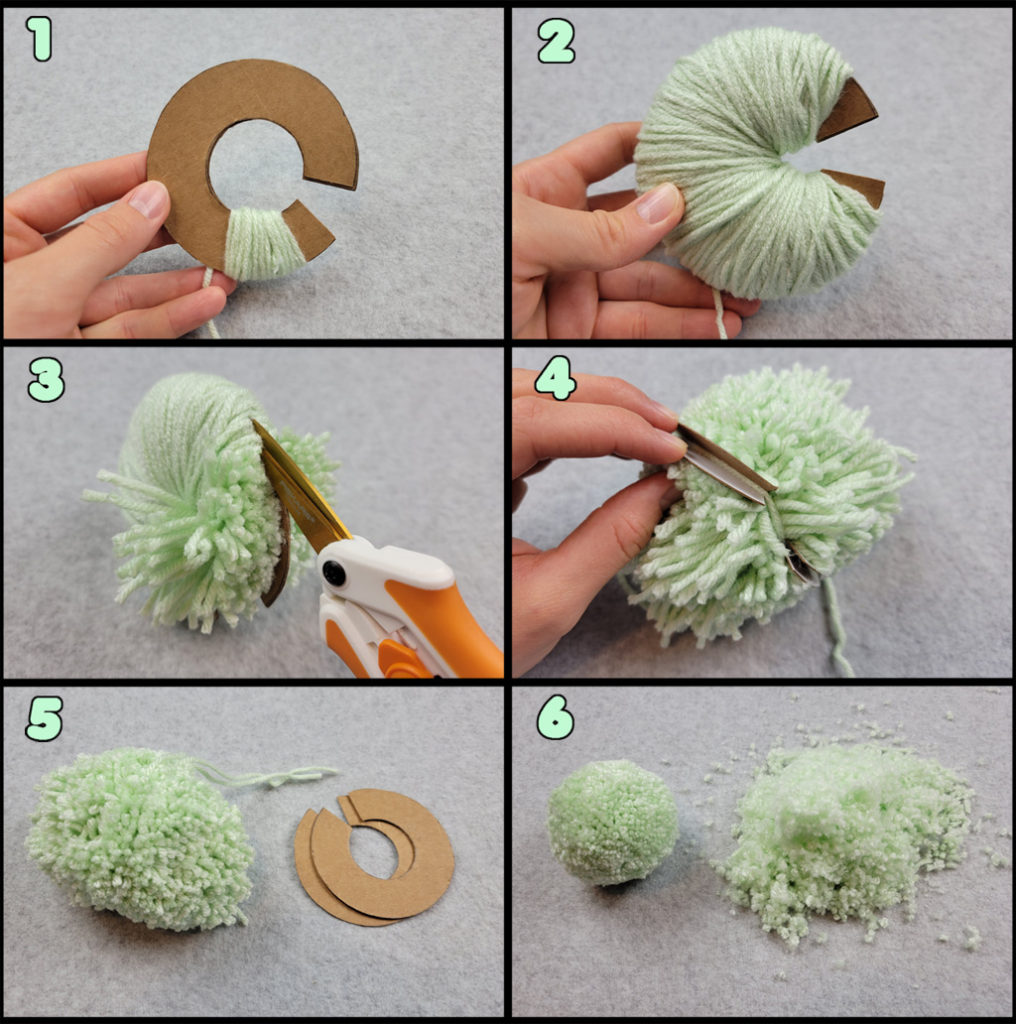 Various images of how to make a pom pom using a circle template