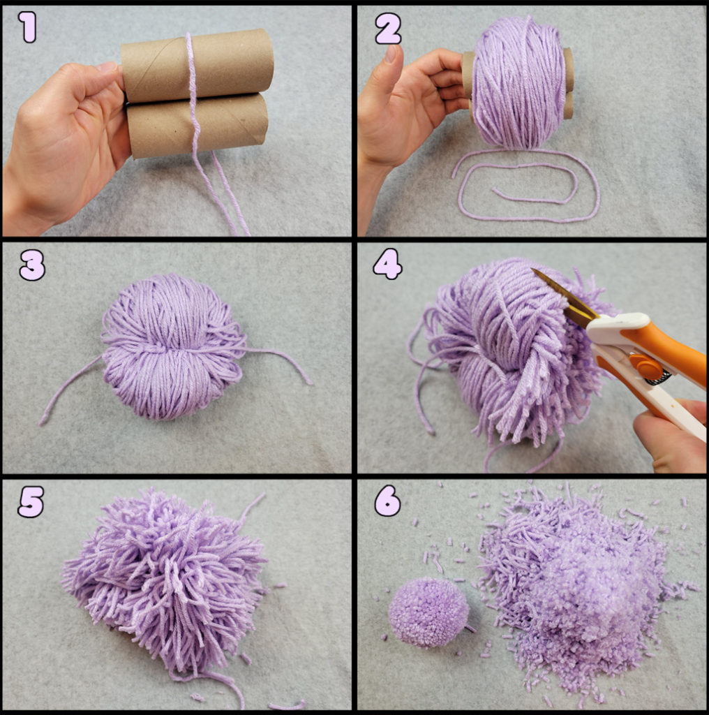 Various images of how to make a pom pom using toilet paper tubes