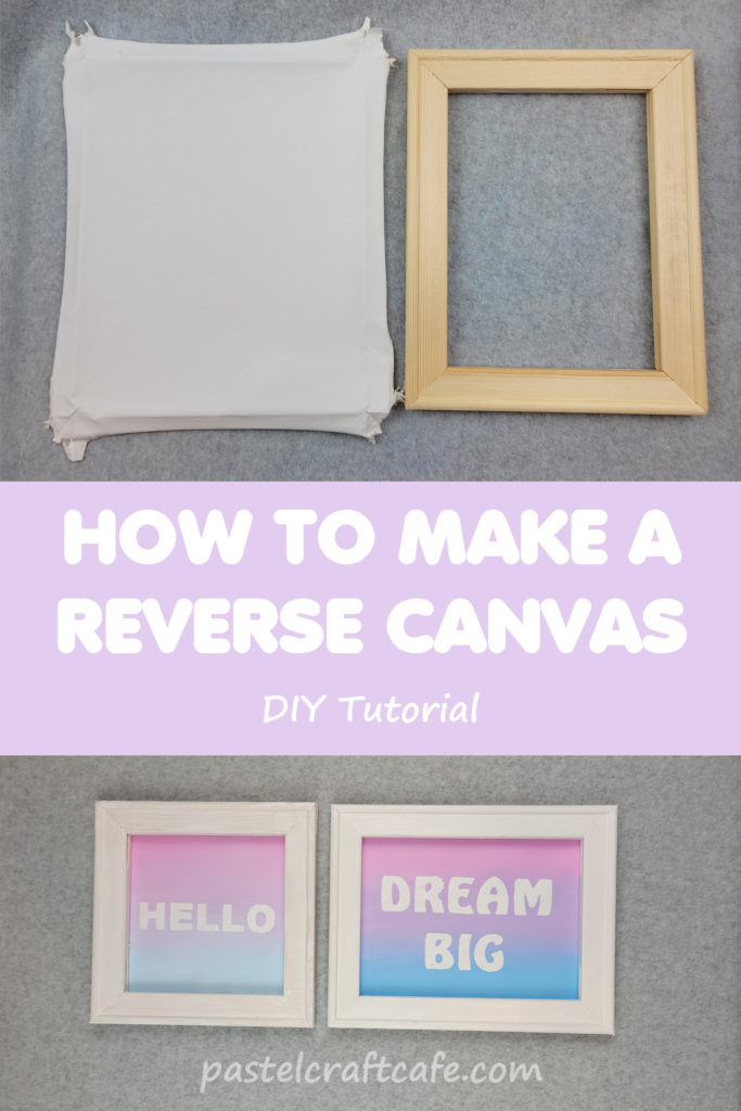 An empty canvas and frame above the words "How to make a reverse canvas DIY tutorial" above two finished reverse canvases