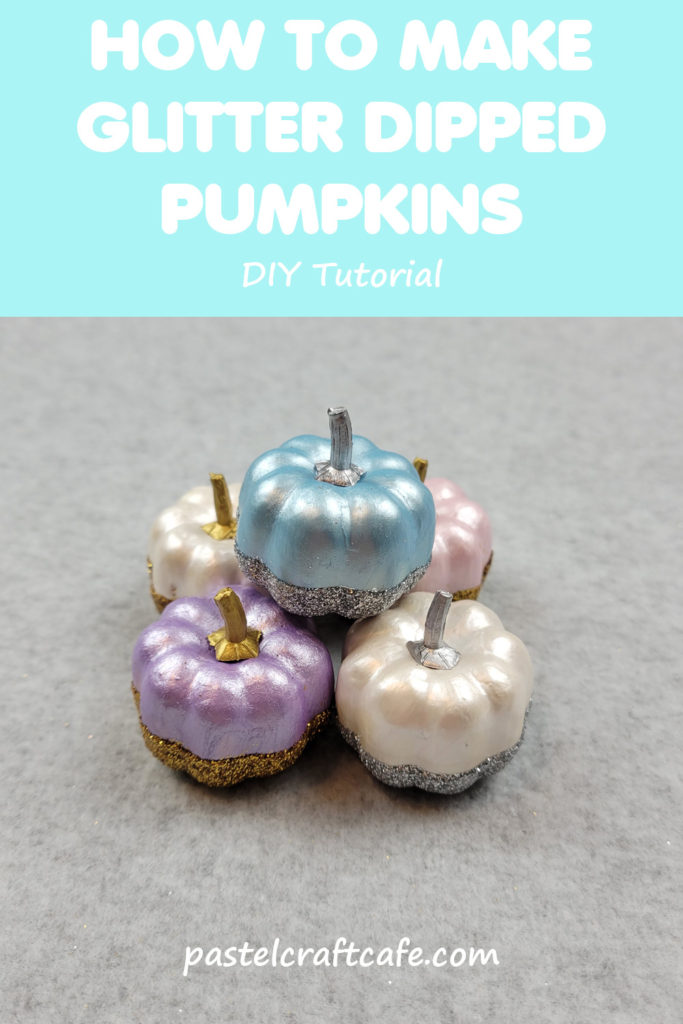 Text "How to Make Glitter Dipped Pumpkins DIY Tutorial" above five glitter dipped pumpkins arranged in a pile