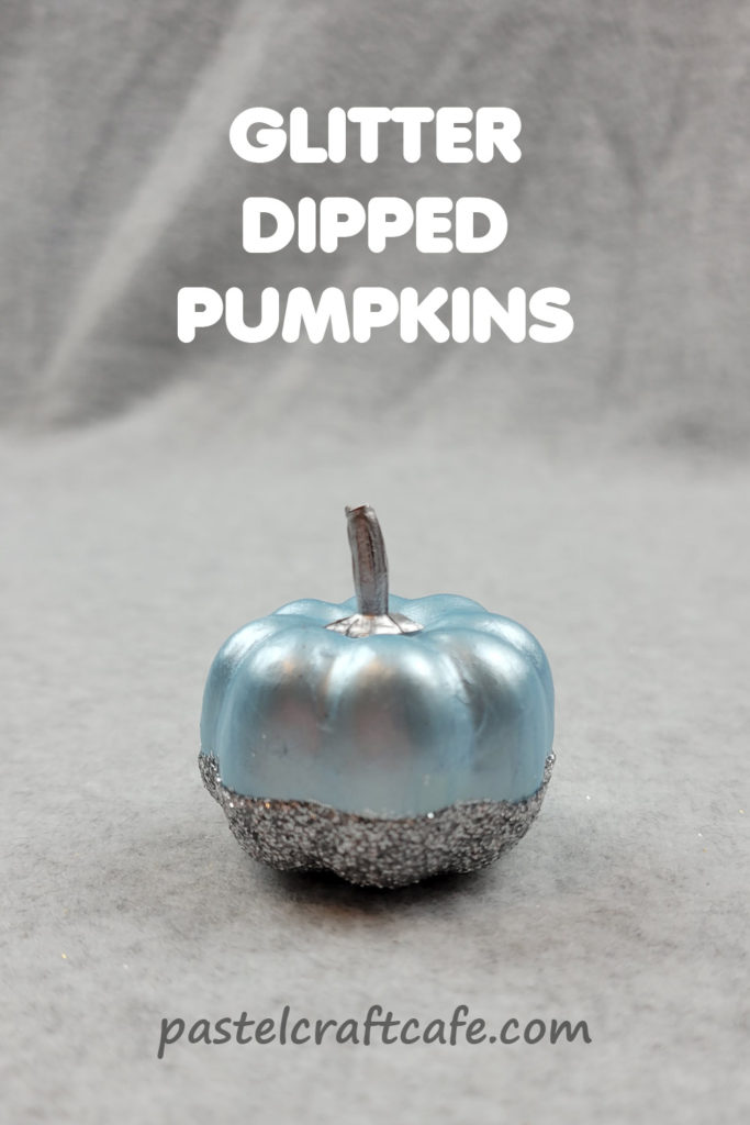 Text "Glitter Dipped Pumpkins" above a blue pumpkin with silver glitter