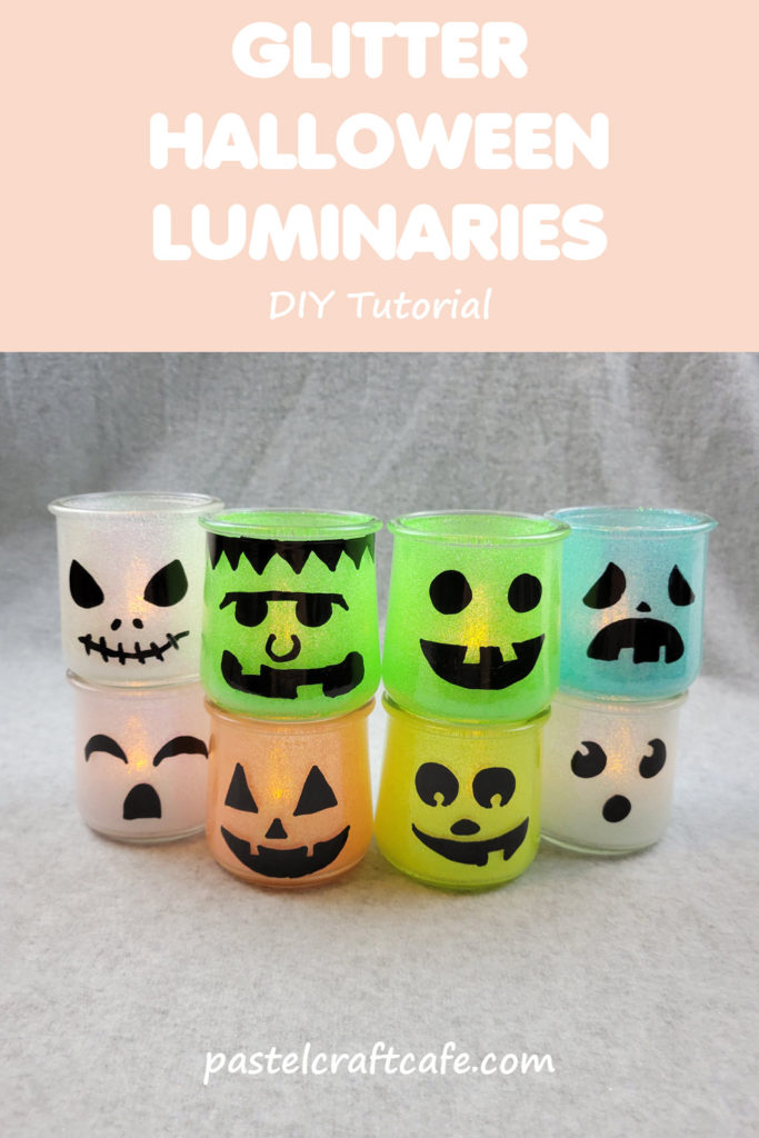 Text "Glitter Halloween Luminaries DIY Tutorial" above eight glass lanterns with various Halloween character faces