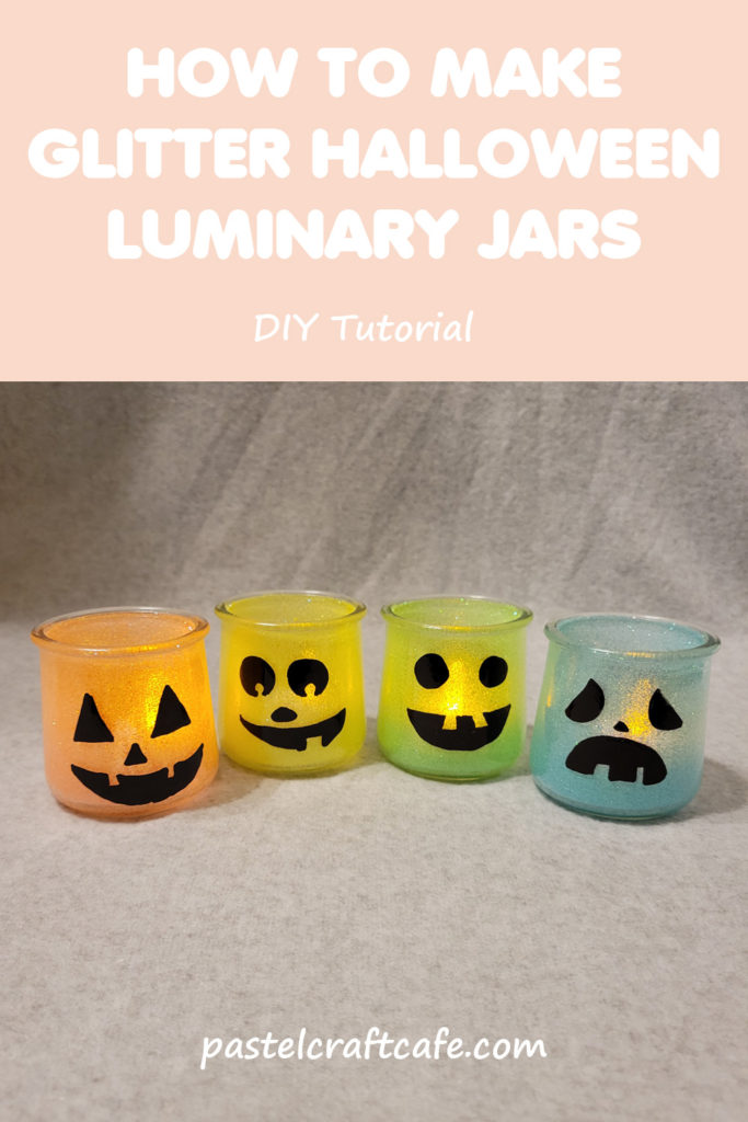 Text "How To Make Glitter Halloween Luminary Jars DIY Tutorial" above four glass glitter luminaries with various pumpkin style faces on them