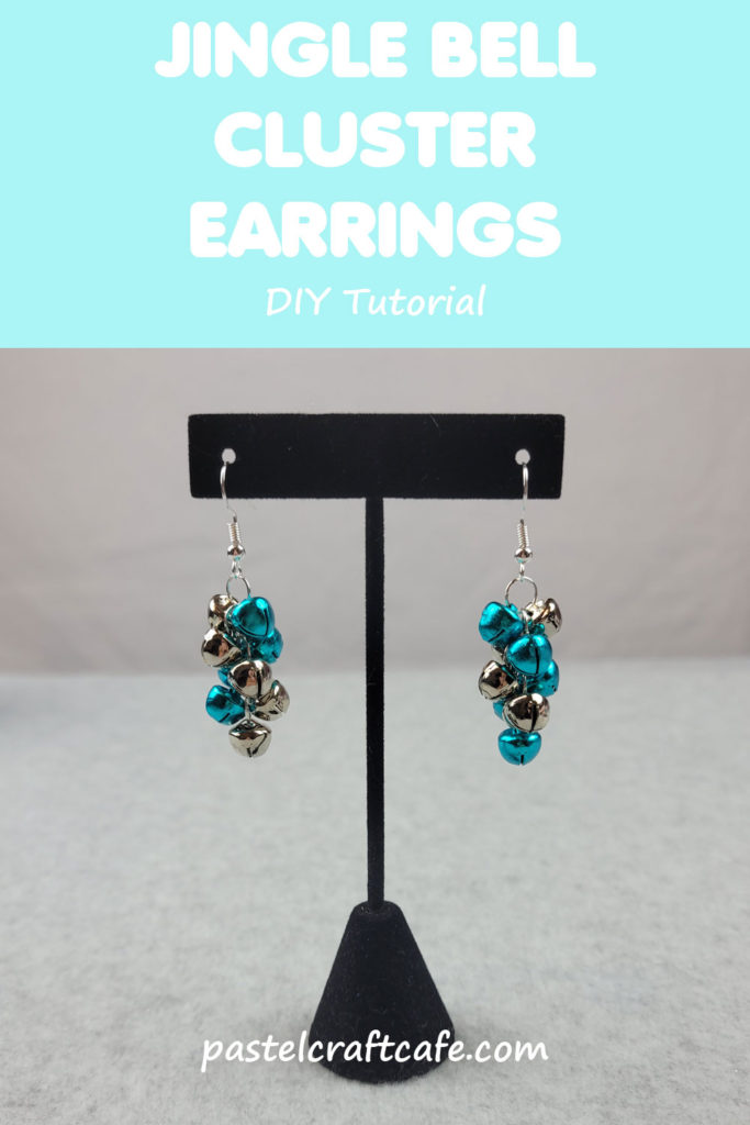 Text "Jingle Bell Cluster Earrings DIY Tutorial" above a pair of blue and silver jingle bell cluster earrings