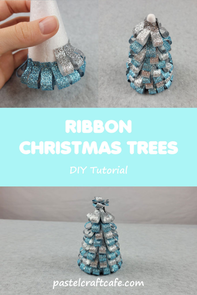 Text "Ribbon Christmas Trees DIY Tutorial" between the process pictures of how to make a ribbon tree