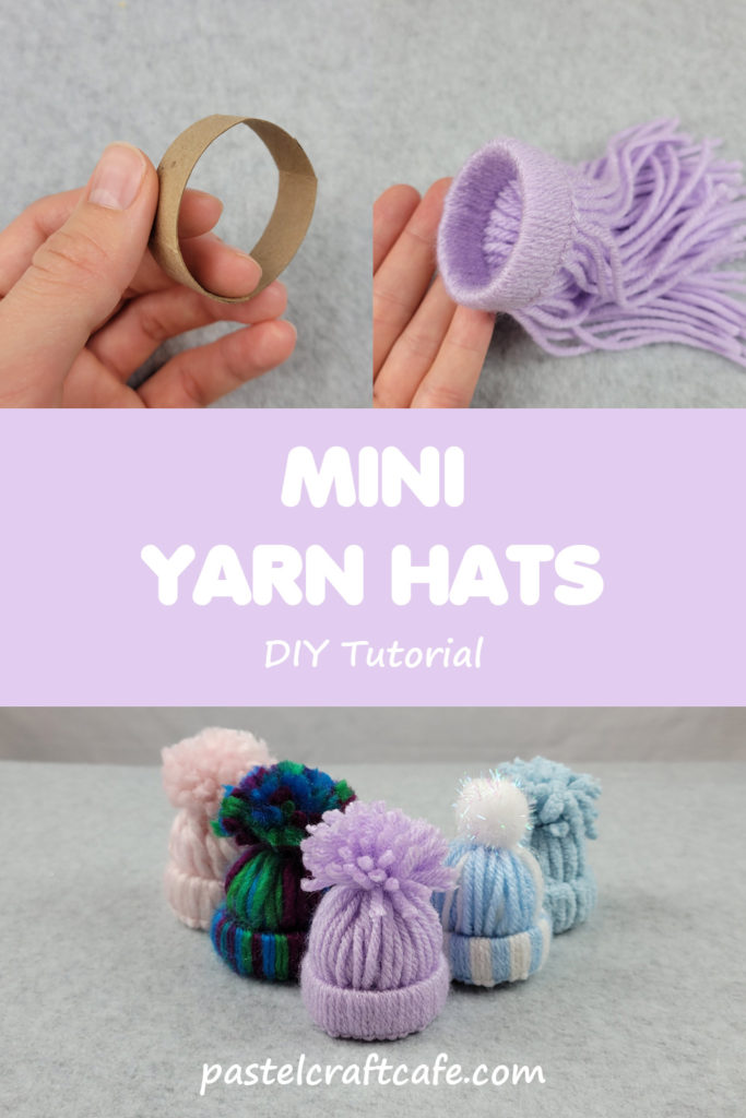 A toilet paper tube ring, a ring of knotted purple yarn above text "Mini Yarn Hats DIY Tutorial" above a set of mini yarn hats arranged in a V