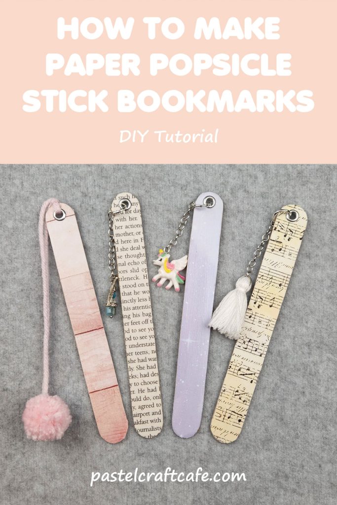 Text "How to Make Paper Popsicle Stick Bookmarks DIY Tutorial" above four bookmarks laying side by side